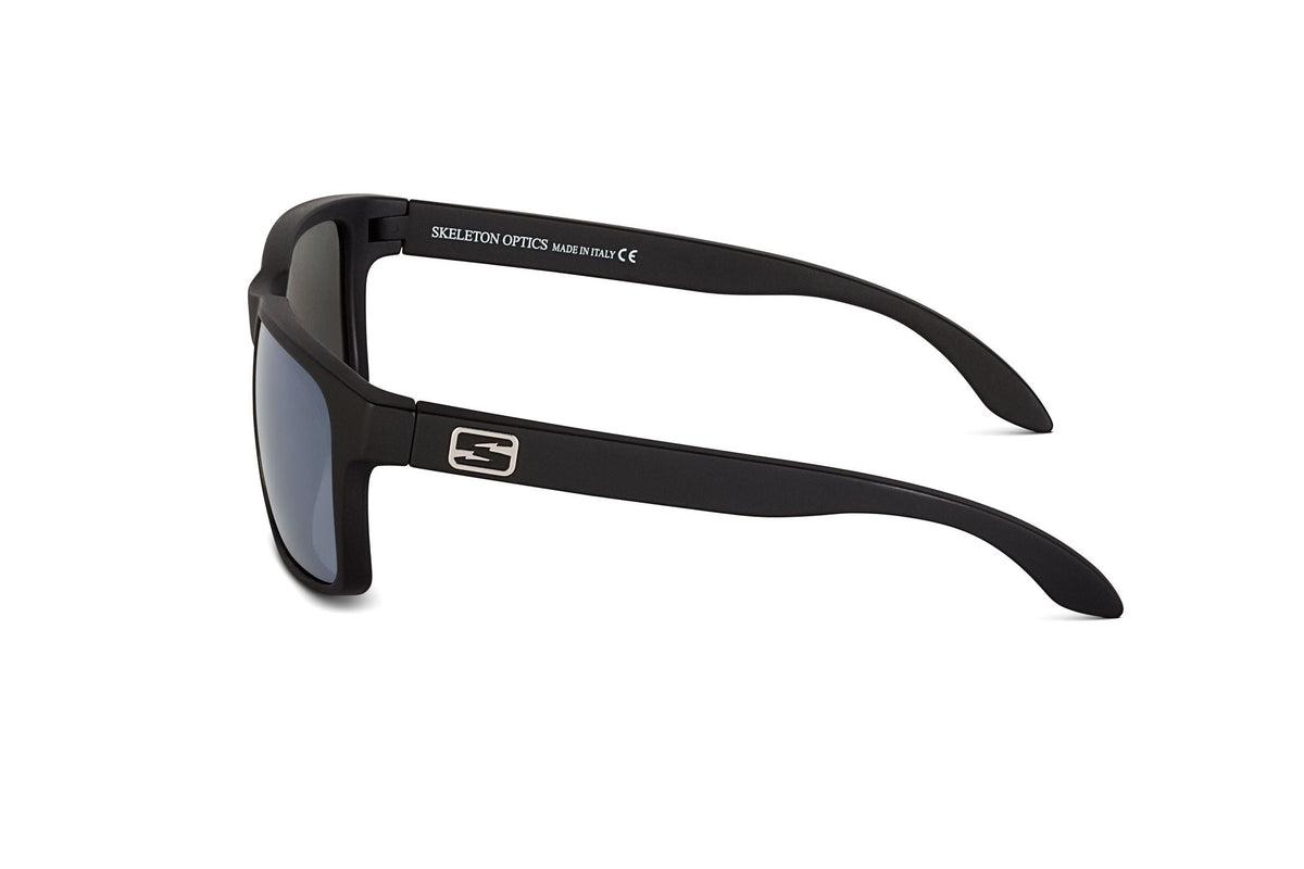 Decoy sunglasses in matte black with blue gun lens, temple detail