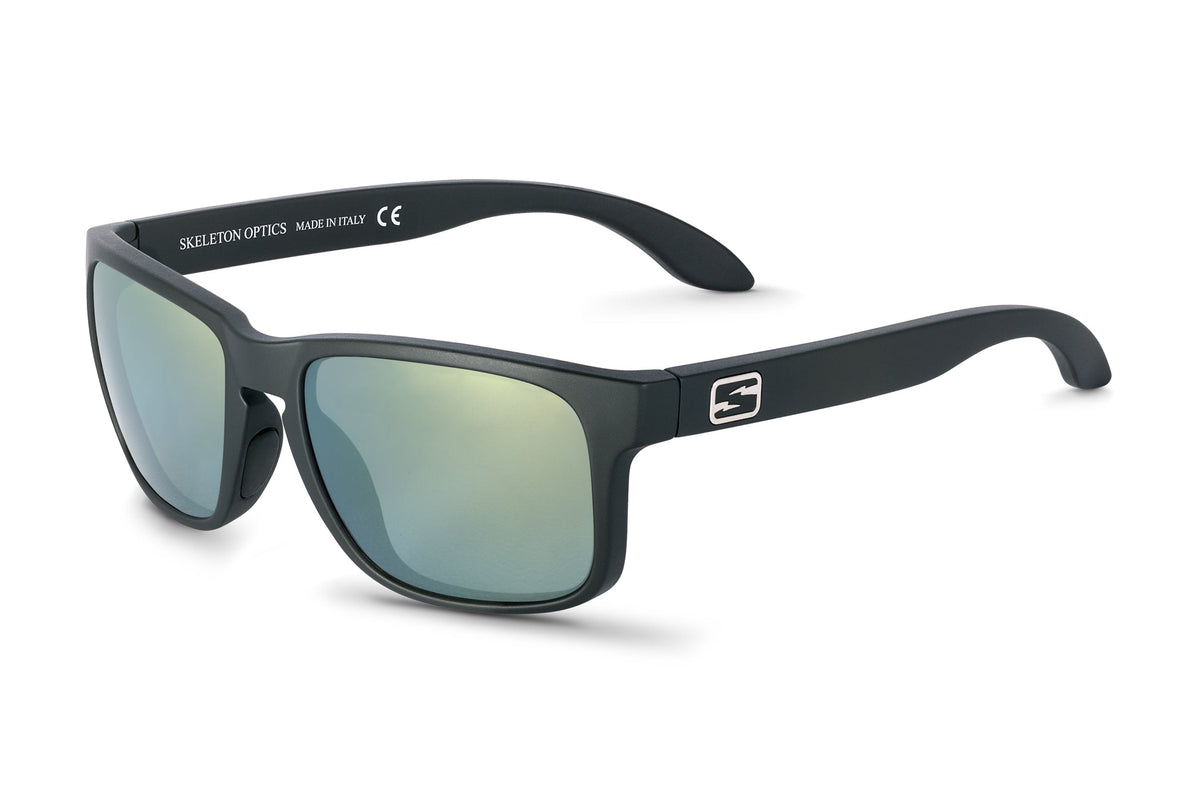 Decoy sunglasses in matte black with blue gun lens, folded view