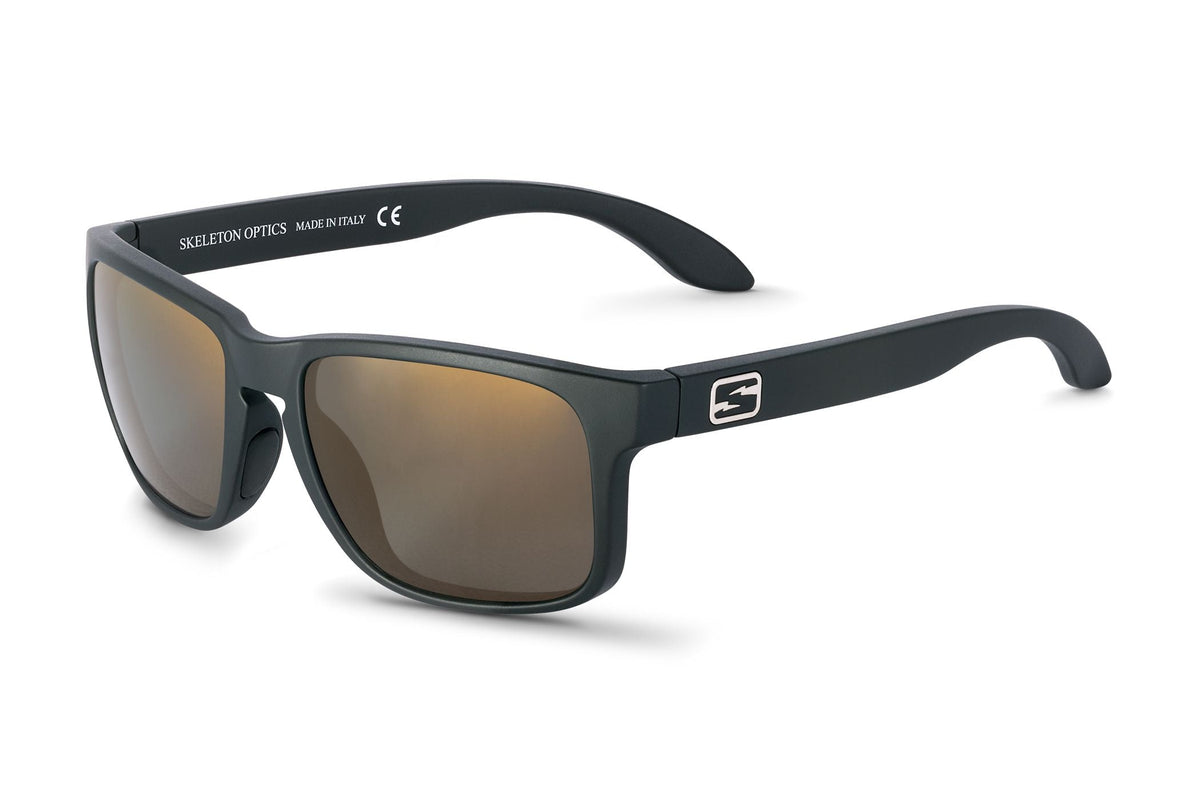 Decoy sunglasses in matte black with blue gun lens, on-face view