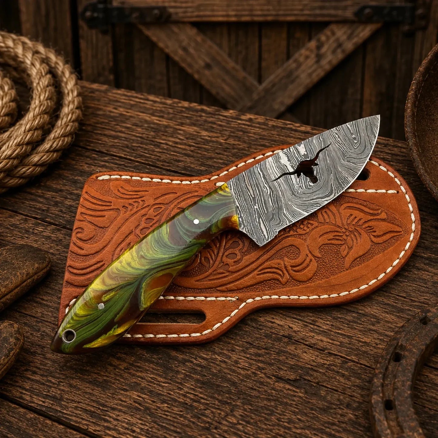 Long Horn Cowboy Hunting Knife with Sheath – Handmade Damascus Blade Resin Handle