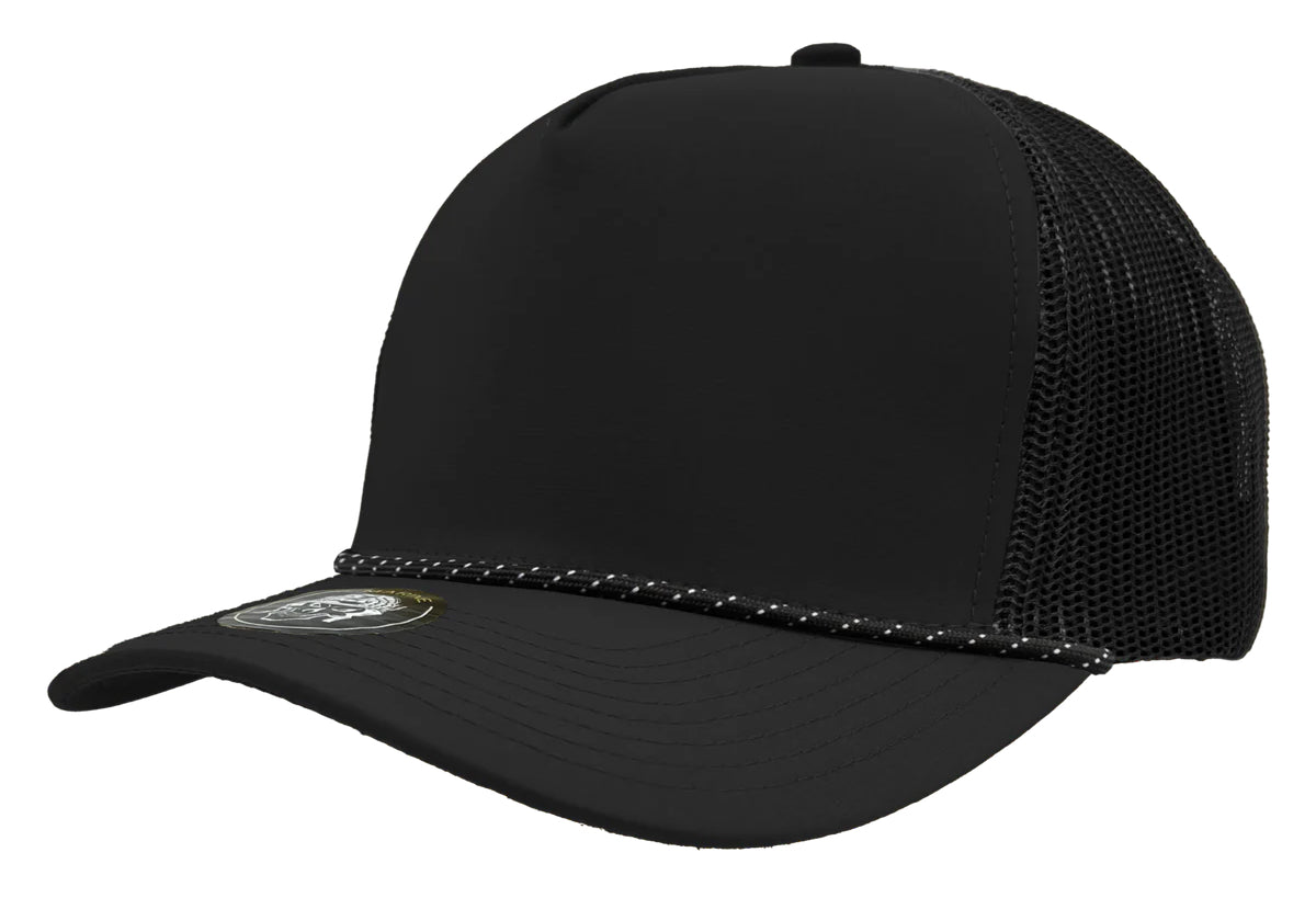 Custom Zapped Headwear Marine R+ Rope Snapback Hat in Black/Twisted Black White Rope, ready for personalized logo or design