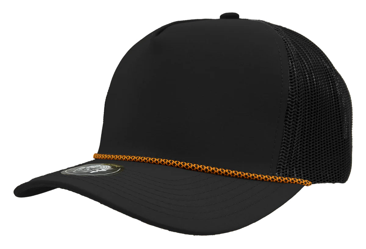 Custom Zapped Headwear Marine R+ Rope Snapback Hat in Black/Orange Chainlink Rope, ready for personalized logo or design