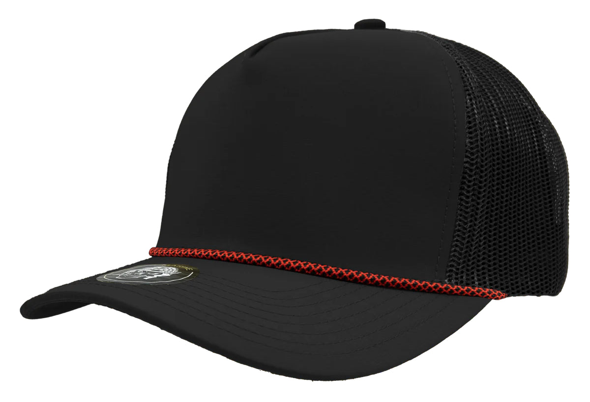 Custom Zapped Headwear Marine R+ Rope Snapback Hat in Black/Red Chainlink Rope, ready for personalized logo or design