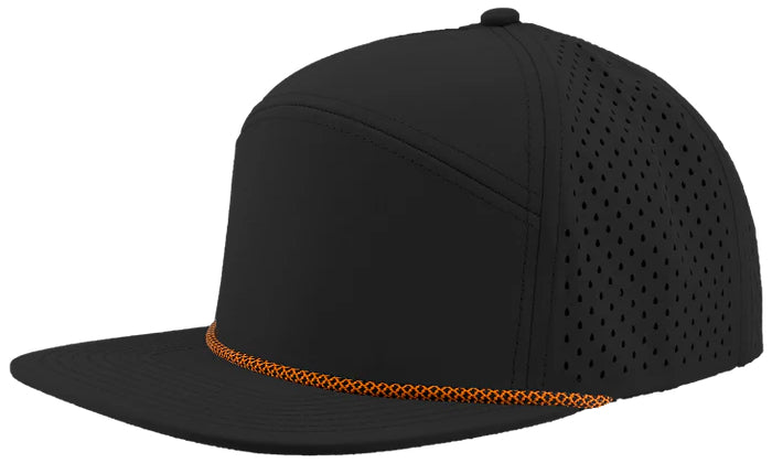 Custom Zapped Headwear Osprey R+ Perforated Rope Hat in Black/Orange Chainlink Rope, ready for personalized logo or design