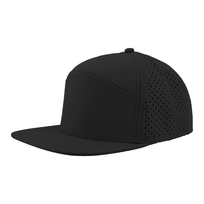 Custom Zapped Headwear Osprey XL 7-Panel Perforated Snapback Hat in Black, ready for personalized logo or design