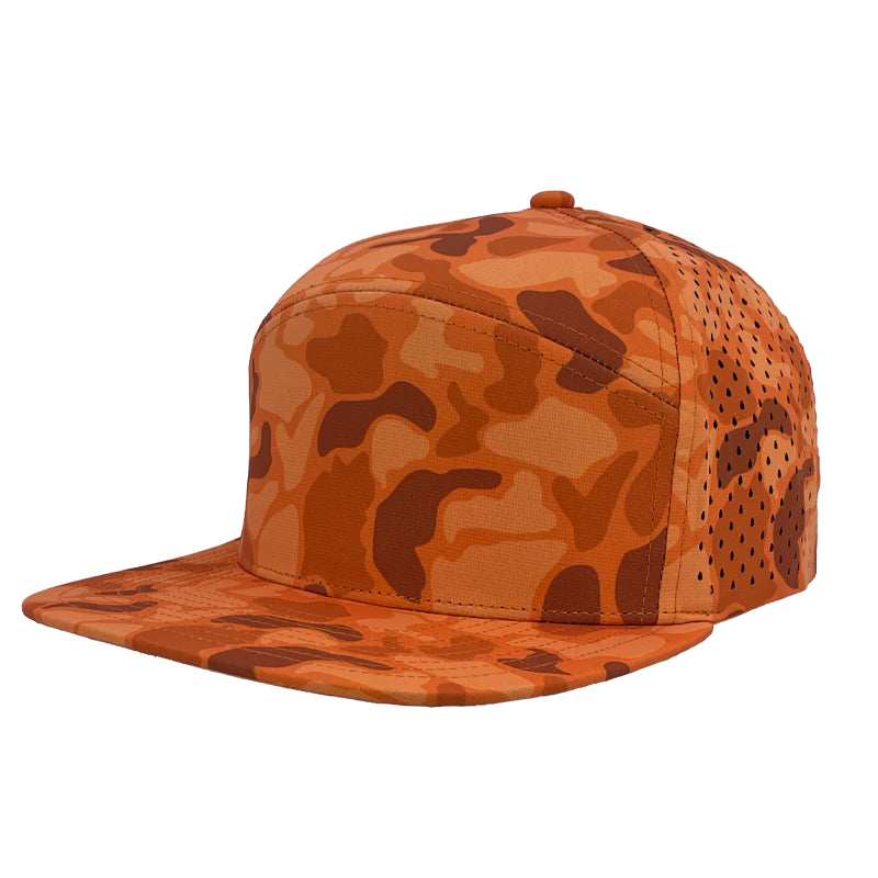 Custom Zapped Headwear Osprey 7-Panel Perforated Snapback Hat in Blaze Orange Old School Camo, ready for personalized logo or design