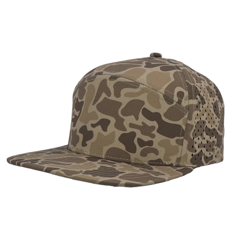 Custom Zapped Headwear Osprey 7-Panel Perforated Snapback Hat in Brown Old School Camo, ready for personalized logo or design
