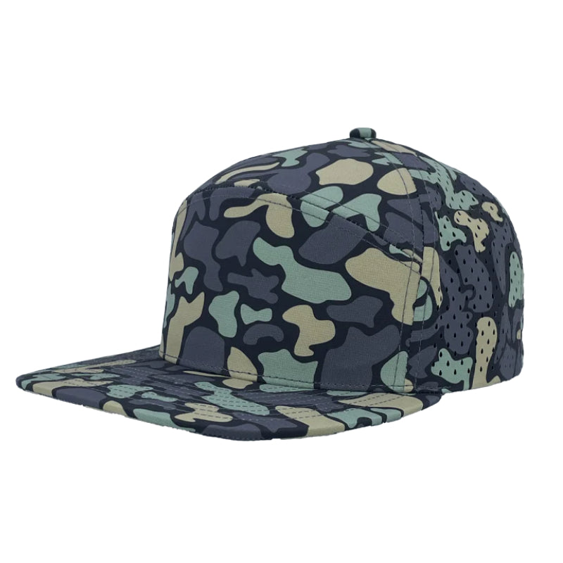 Custom Zapped Headwear Osprey 7-Panel Perforated Snapback Hat in Dino Camo, ready for personalized logo or design