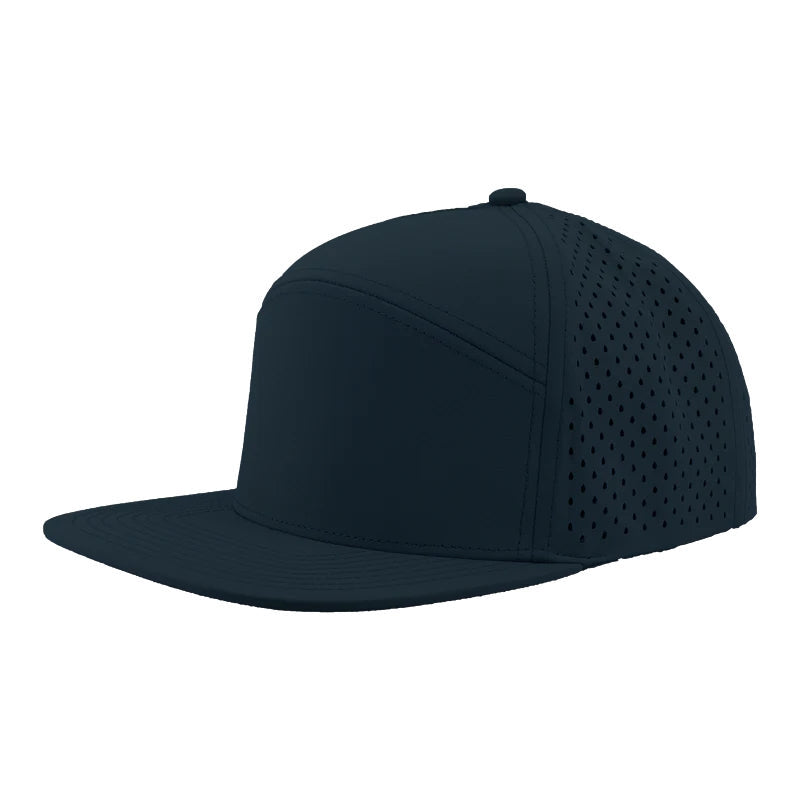 Custom Zapped Headwear Osprey 7-Panel Perforated Snapback Hat in Dark Blue, ready for personalized logo or design