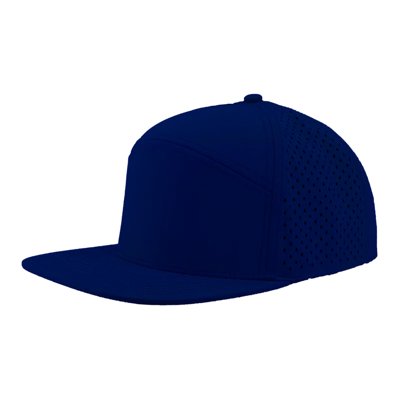 Custom Zapped Headwear Osprey 7-Panel Perforated Snapback Hat in Dark Royal, ready for personalized logo or design