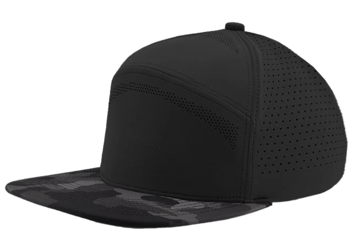 Custom Zapped Headwear Osprey Elite 7-Panel Snapback Hat in Black/Black Camo, ready for personalized logo or design