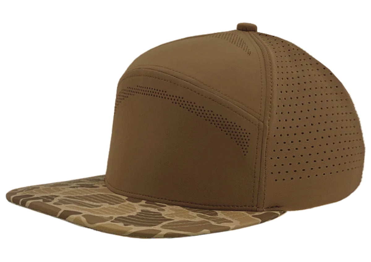 Custom Zapped Headwear Osprey Elite 7-Panel Snapback Hat in Brown/Brown Old School Camo, ready for personalized logo or design