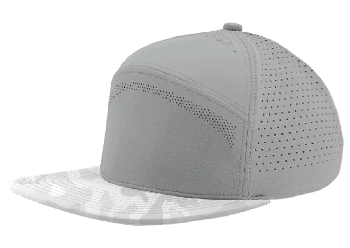 Custom Zapped Headwear Osprey Elite 7-Panel Snapback Hat in Silver/Snow Camo, ready for personalized logo or design