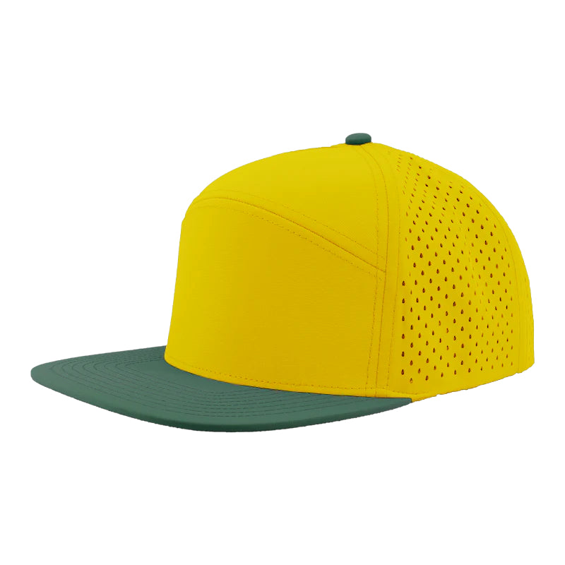 Custom Zapped Headwear Osprey 7-Panel Perforated Snapback Hat in Yellow/Green Golf Bill, ready for personalized logo or design