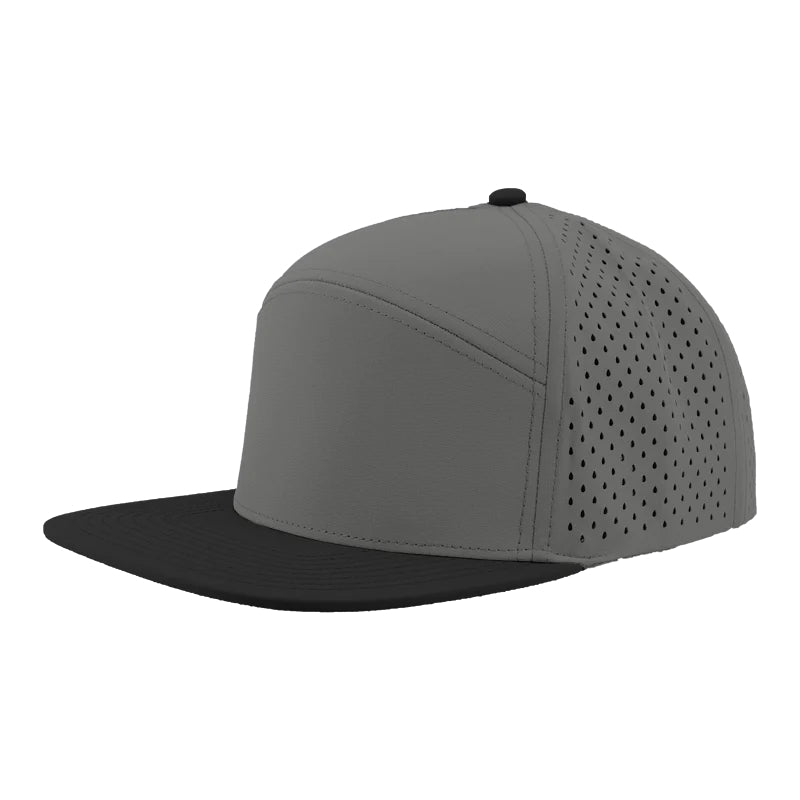 Custom Zapped Headwear Osprey 7-Panel Perforated Snapback Hat in Grey/Black, ready for personalized logo or design
