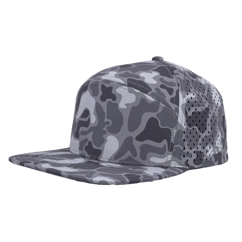 Custom Zapped Headwear Osprey 7-Panel Perforated Snapback Hat in Grey Old School Camo, ready for personalized logo or design