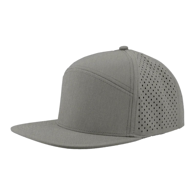 Custom Zapped Headwear Osprey 7-Panel Perforated Snapback Hat in Heather Grey, ready for personalized logo or design