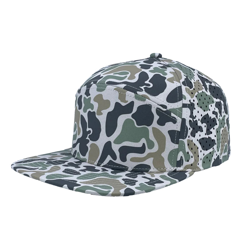 Custom Zapped Headwear Osprey 7-Panel Perforated Snapback Hat in Jungle Camo, ready for personalized logo or design