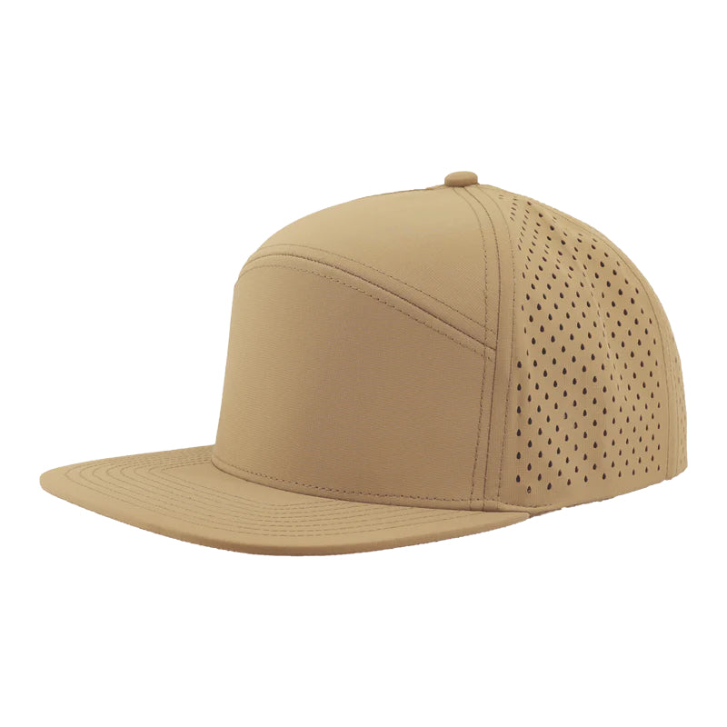 Custom Zapped Headwear Osprey 7-Panel Perforated Snapback Hat in Khaki, ready for personalized logo or design