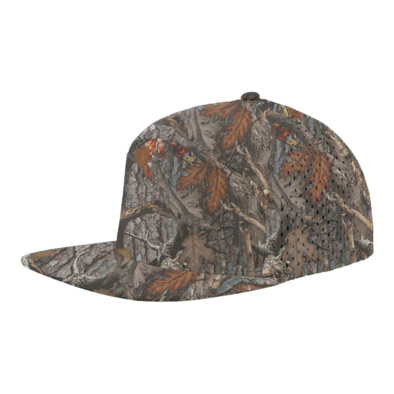 Custom Zapped Headwear Osprey 7-Panel Perforated Snapback Hat in Oak Camo, ready for personalized logo or design