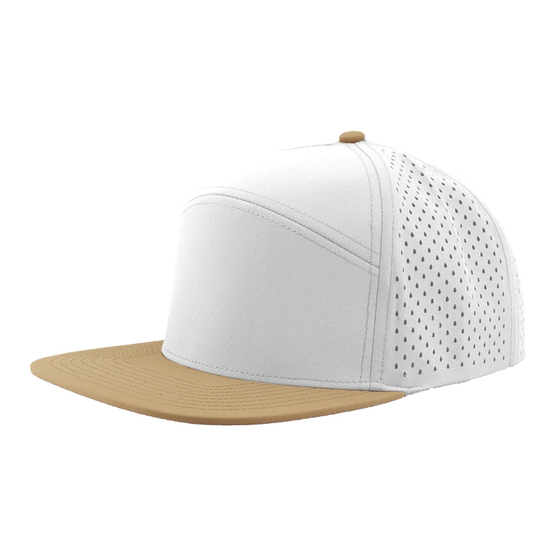 Custom Zapped Headwear Osprey 7-Panel Perforated Snapback Hat in Off White/Khaki, ready for personalized logo or design