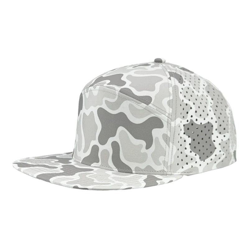 Custom Zapped Headwear Osprey 7-Panel Perforated Snapback Hat in Old School Snow Camo, ready for personalized logo or design