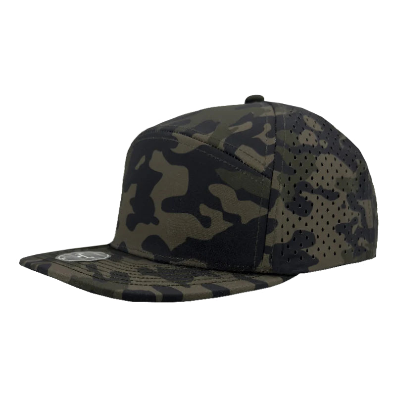Custom Zapped Headwear Osprey 7-Panel Perforated Snapback Hat in Olive Camo, ready for personalized logo or design