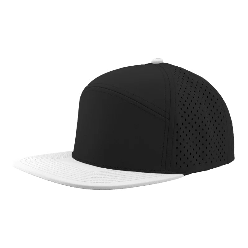 Custom Zapped Headwear Osprey 7-Panel Perforated Snapback Hat in Black/Off White Bill, ready for personalized logo or design