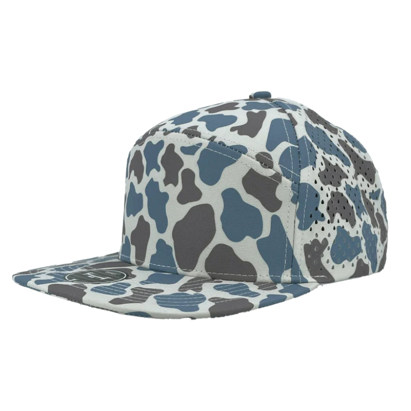 Custom Zapped Headwear Osprey 7-Panel Perforated Snapback Hat in Blue Old School Camo, ready for personalized logo or design