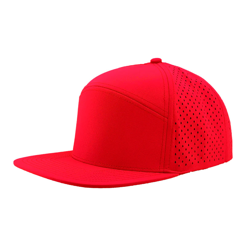 Custom Zapped Headwear Osprey 7-Panel Perforated Snapback Hat in Cardinal, ready for personalized logo or design