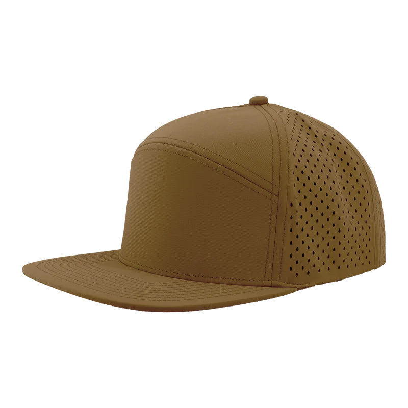 Custom Zapped Headwear Osprey 7-Panel Perforated Snapback Hat in Caramel, ready for personalized logo or design
