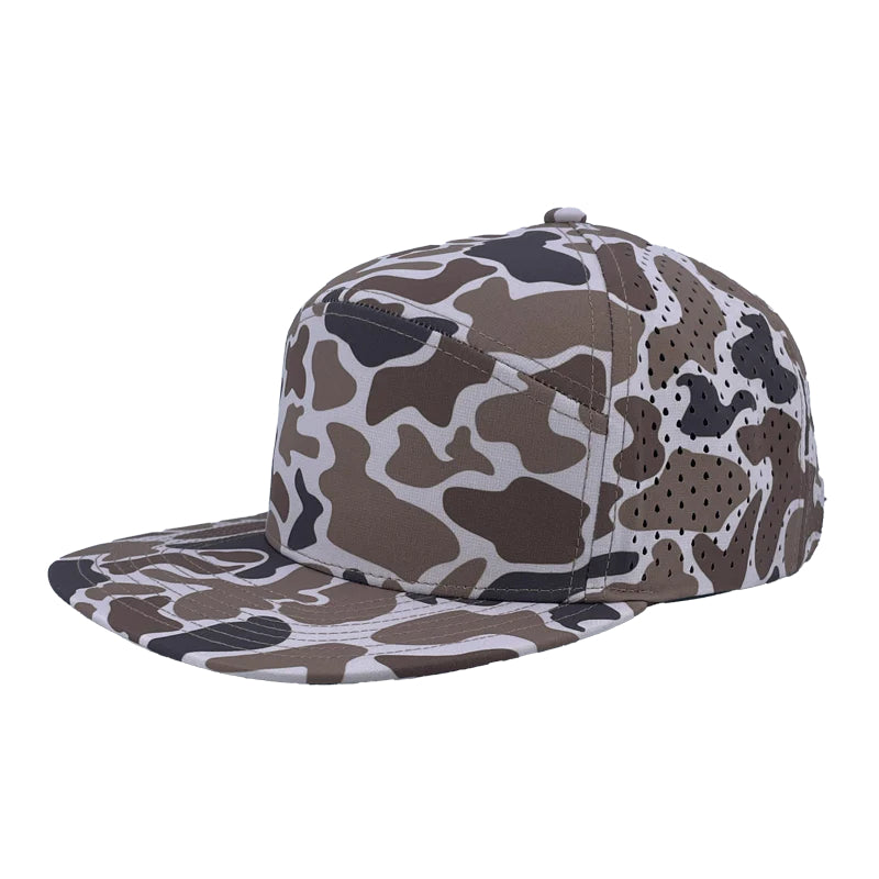 Custom Zapped Headwear Osprey 7-Panel Perforated Snapback Hat in Light Old School Camo, ready for personalized logo or design