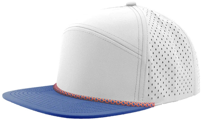 Custom Zapped Headwear Osprey R+ Perforated Rope Hat in Off White/Blue Bill/Blue Orange Chainlink Rope, ready for personalized logo or design