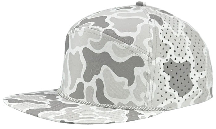 Custom Zapped Headwear Osprey R+ Perforated Rope Hat in Old School Snow Camo/Grey Chainlink Rope, ready for personalized logo or design