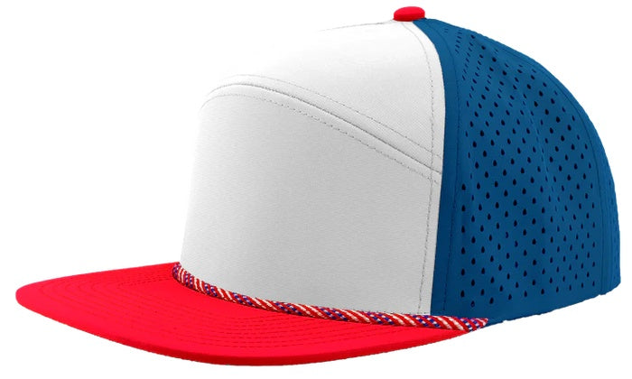 Custom Zapped Headwear Osprey R+ Perforated Rope Hat in Red/White/Blue American Flag Rope, ready for personalized logo or design