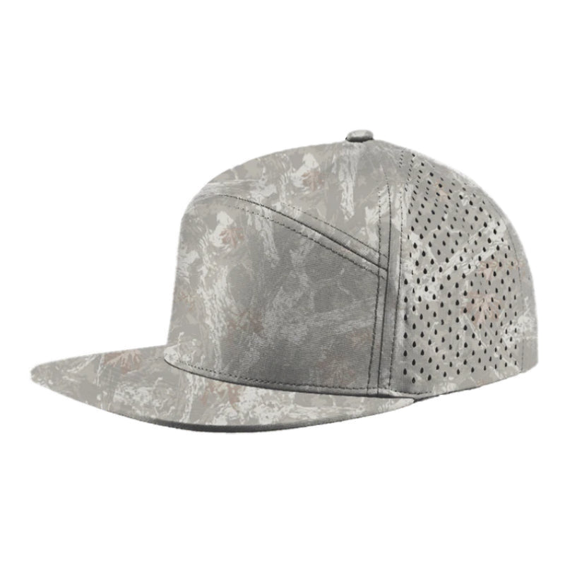 Custom Zapped Headwear Osprey 7-Panel Perforated Snapback Hat in Tree Camo, ready for personalized logo or design