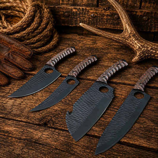 Outdoor Kitchen Knife Set – Hand Forged D2 Steel Powder Coated Blades & Jigged Wood Handles