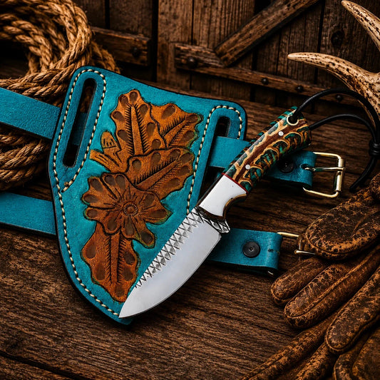 Pancake Leg Sheath Cowboy Field Knife – Rasp Steel Blade & Turquoise Pinecone Handle