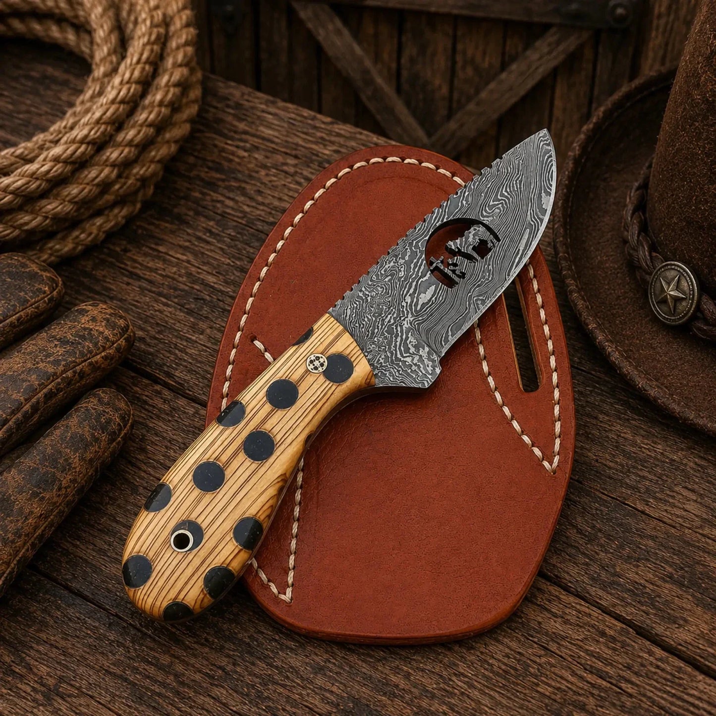 Pancake Sheath EDC Knife – Damascus Blade Cholla Cactus Handle