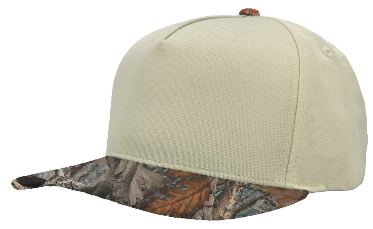 Custom Zapped Headwear Patriot 5-Panel Snapback Hat in Vintage White/Oak Camo, ready for personalized logo or design