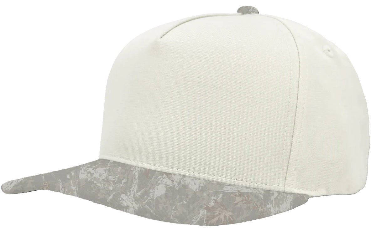 Custom Zapped Headwear Patriot 5-Panel Snapback Hat in Vintage White/Tree Camo, ready for personalized logo or design