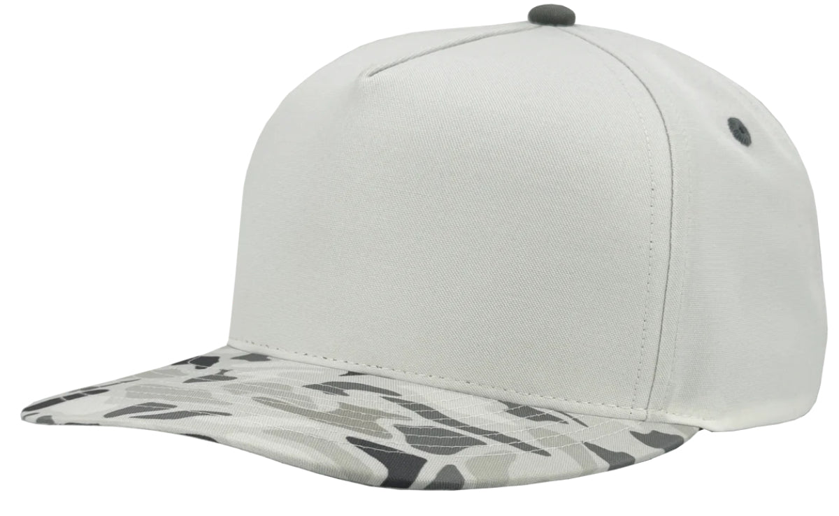 Custom Zapped Headwear Patriot 5-Panel Snapback Hat in White/Grey Old School Camo, ready for personalized logo or design