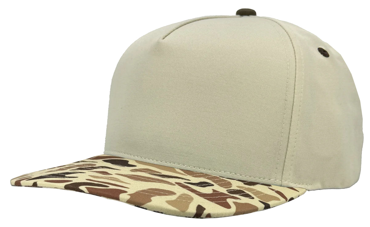 Custom Zapped Headwear Patriot 5-Panel Snapback Hat in Vintage White/Tan Old School Camo, ready for personalized logo or design