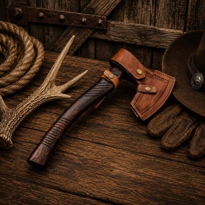 Handcrafted Damascus Steel Tomahawk Axe for Sale – Rosewood Handle & Leather Sheath