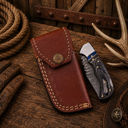 6.5" Damascus Steel Folding Pocket Knife – Black Pakka Wood Handle & Leather Sheath