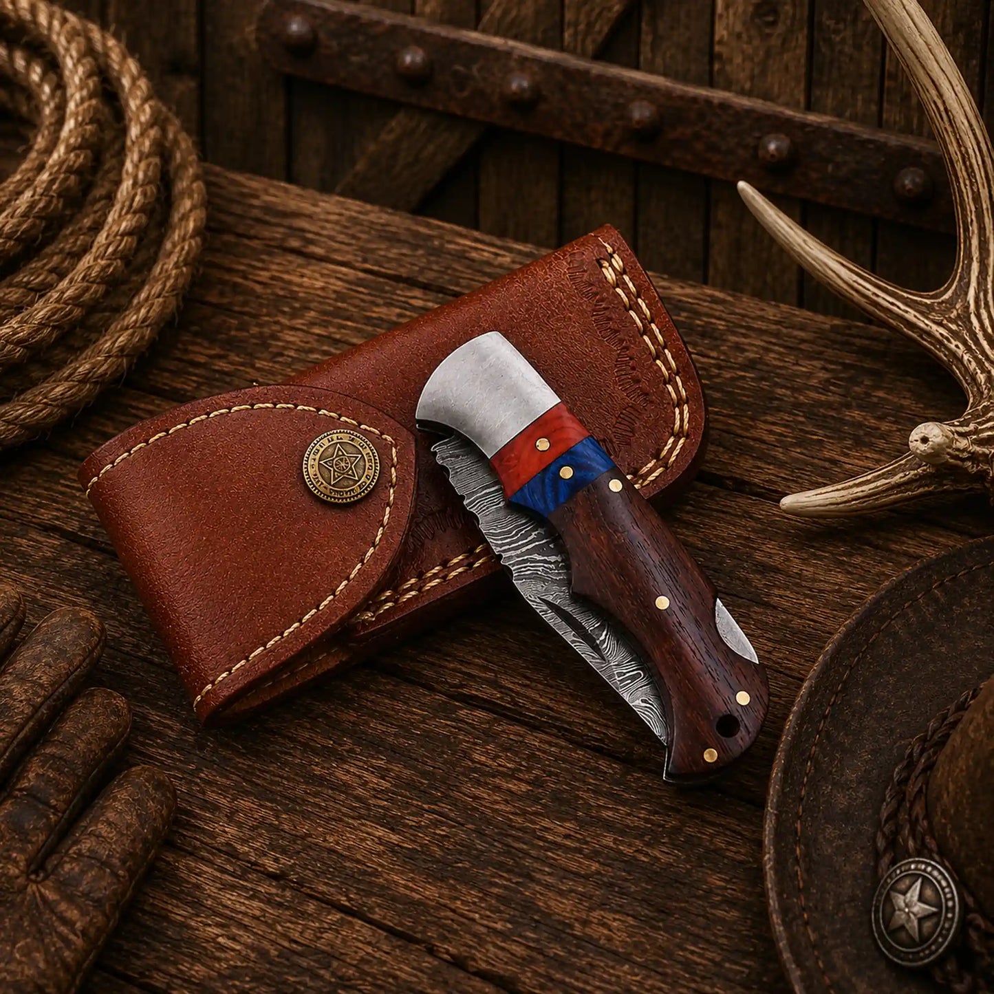 6.5" Damascus Steel Folding Pocket Knife – Wood Handle & Leather Sheath