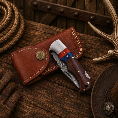6.5" Damascus Steel Folding Pocket Knife – Wood Handle & Leather Sheath