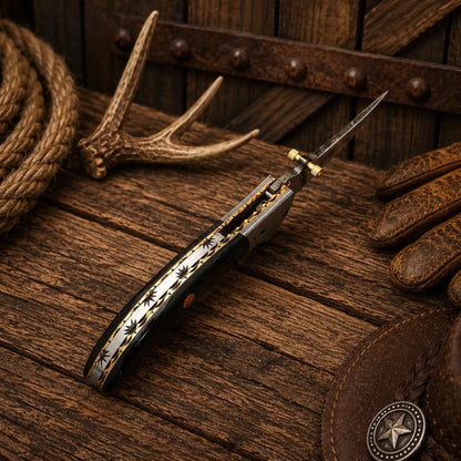 7.25" Western Folding Pocket Knife – Raindrop Damascus Blade & Buffalo Horn Handle