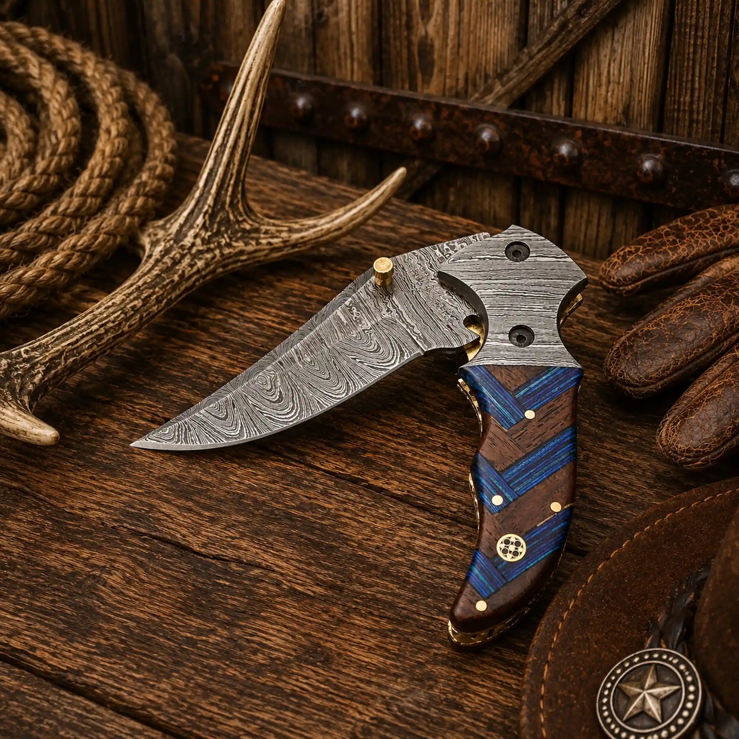 7.25" Western Cowboy Folding Pocket Knife – Damascus Steel & Compact Wood Handle