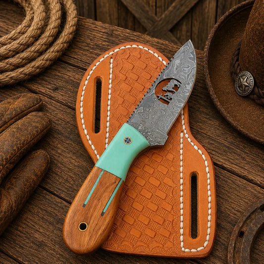 Ranch Field Knife with Sheath – 3.5" Damascus Blade Turquoise Handle
